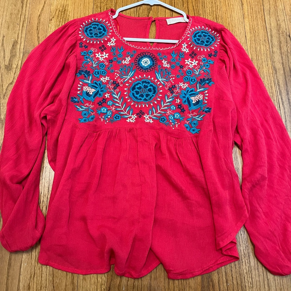 Altar’d State Red Flowey Blouse with Floral Embroidery